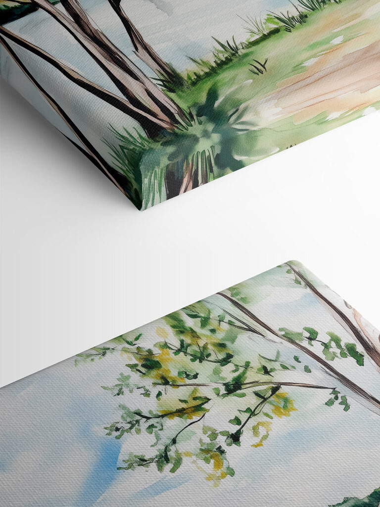 Watercolor of a lake with trees and grass Watercolor of a lake with trees and grass