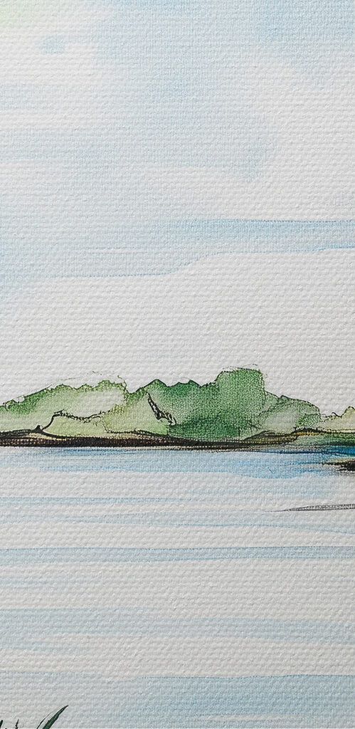 Watercolor of a lake with trees and grass Watercolor of a lake with trees and grass