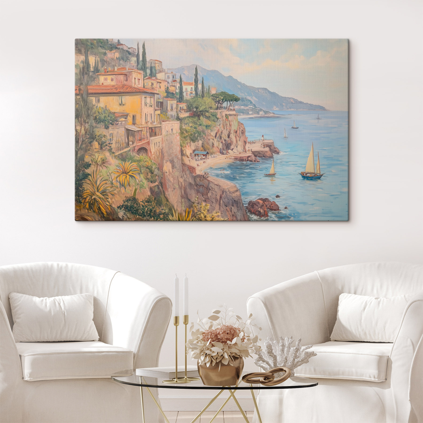 Painting of a town on a cliff by the water Painting of a town on a cliff by the water