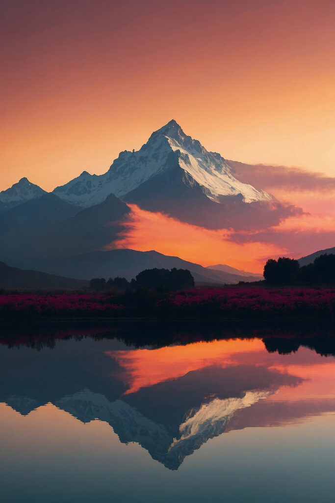 Mountain range with flowers and a lake Mountain range with flowers and a lake