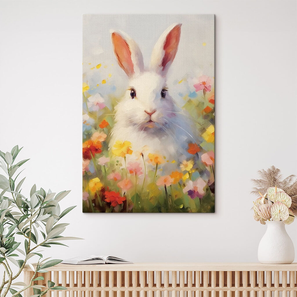 White rabbit in a flower field White rabbit in a flower field