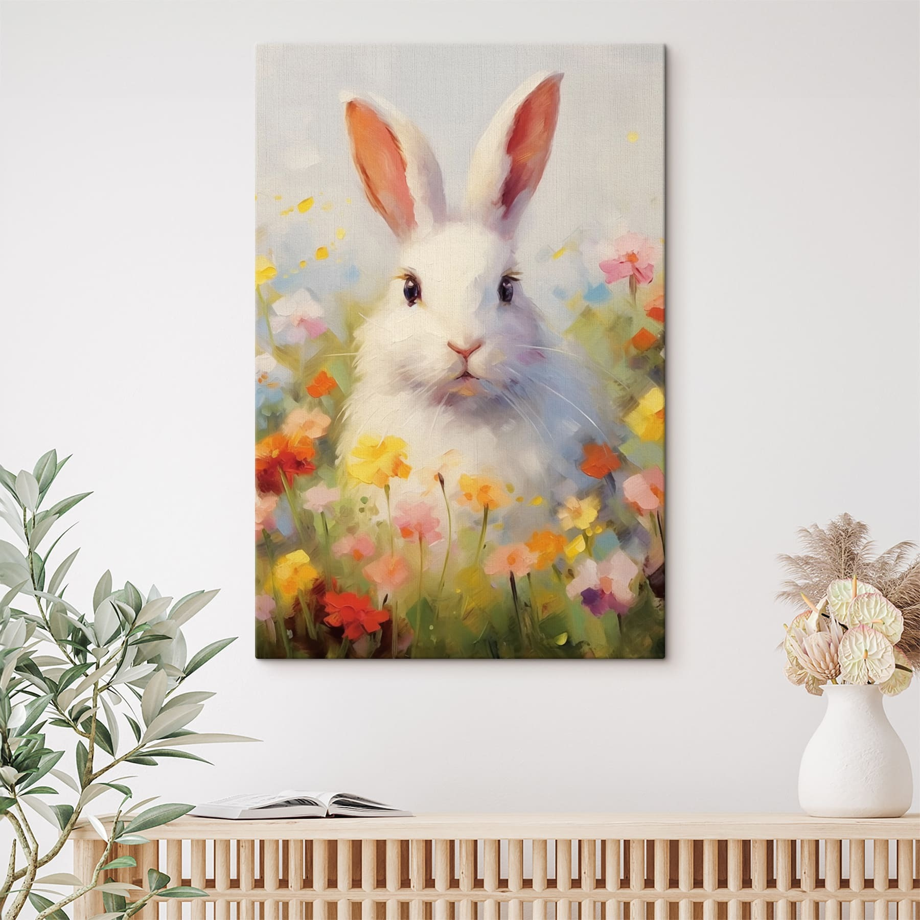 White rabbit in a flower field White rabbit in a flower field