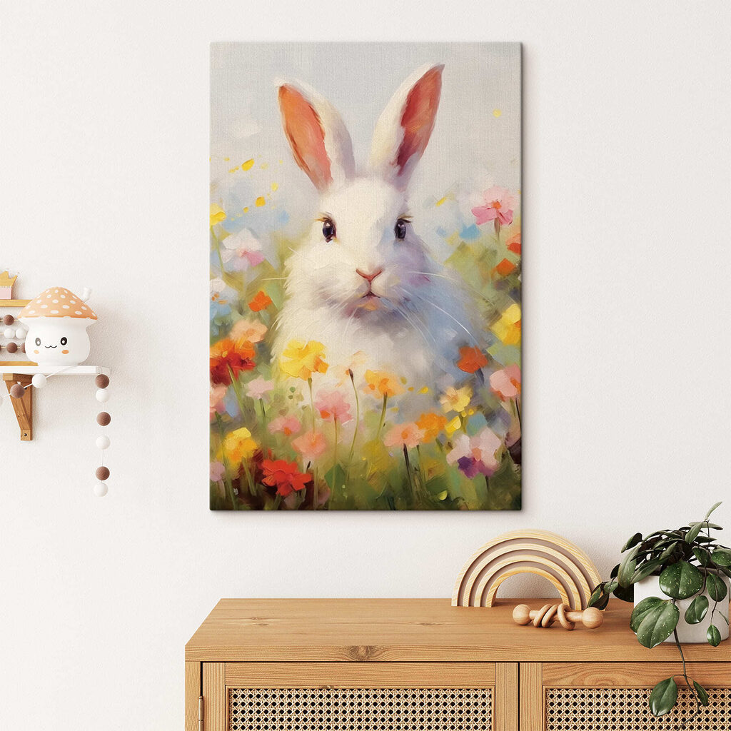 White rabbit in a flower field White rabbit in a flower field