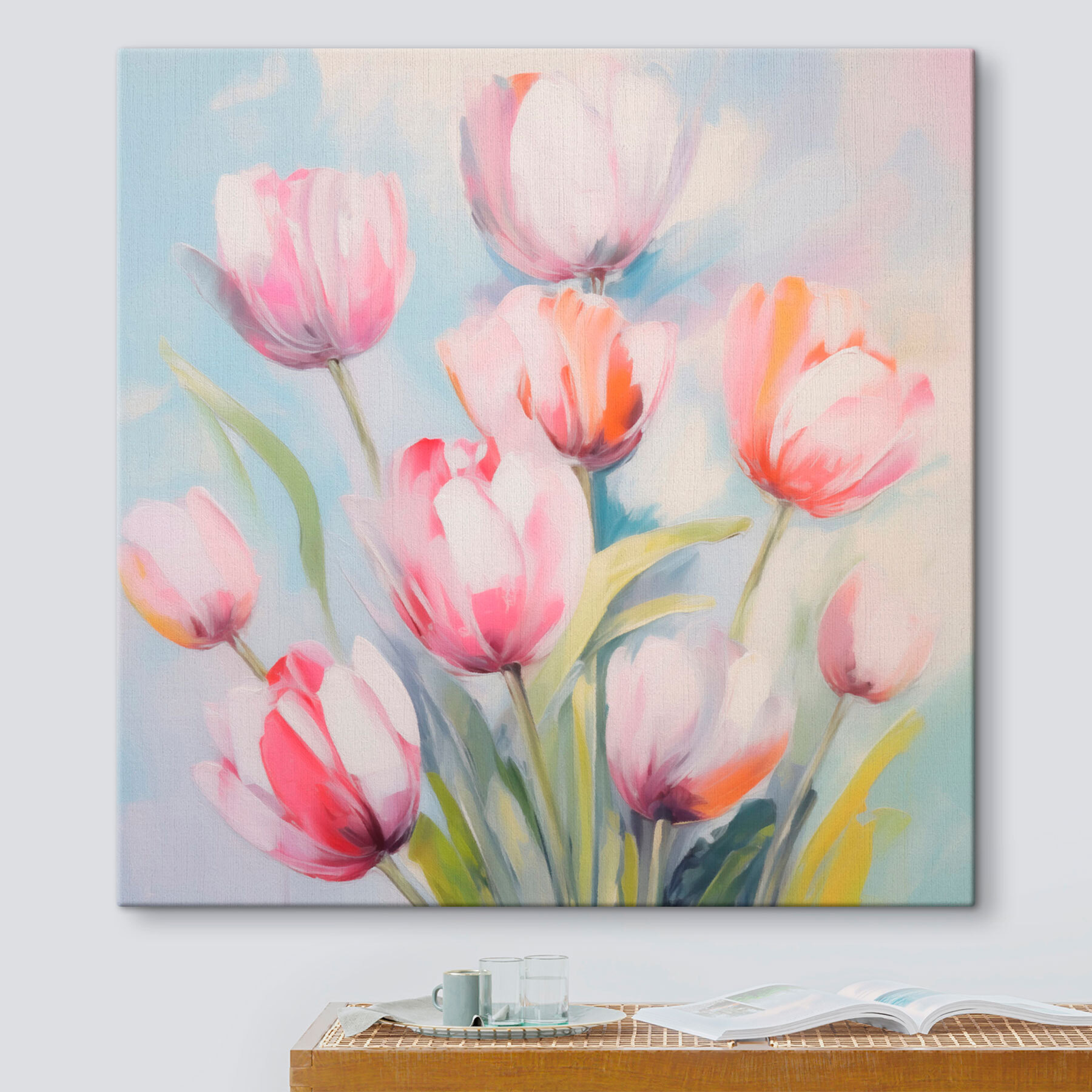 Painting of pink and white tulips
