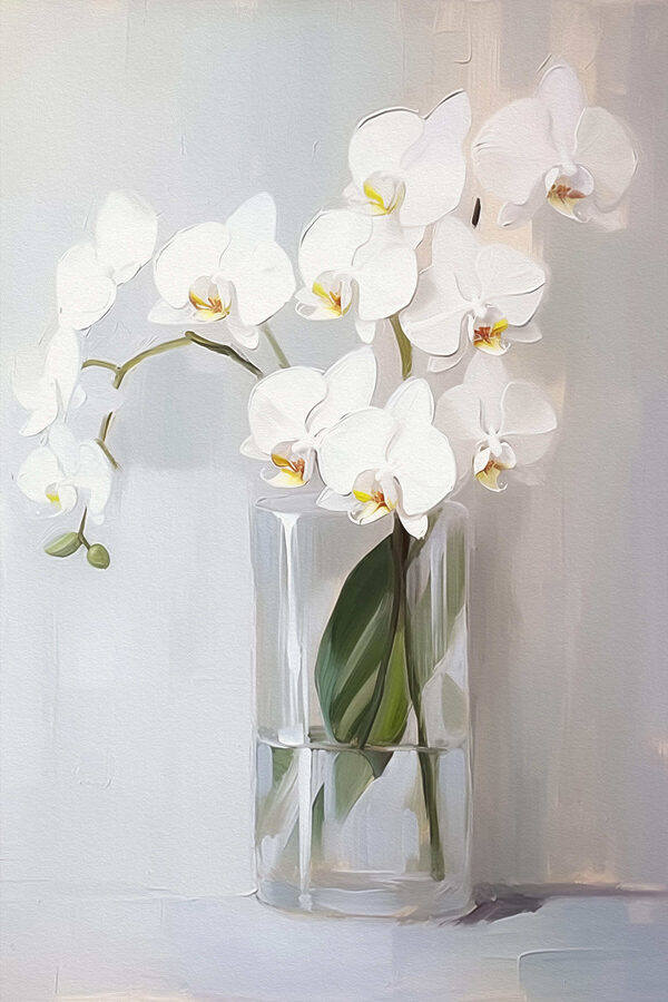 Maľba bielej orchidey v sklenenej váze Maľba bielej orchidey v sklenenej váze