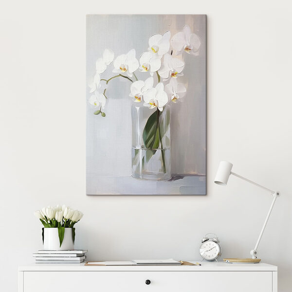 Maľba bielej orchidey v sklenenej váze Maľba bielej orchidey v sklenenej váze
