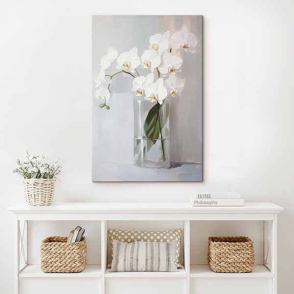 Maľba bielej orchidey v sklenenej váze Maľba bielej orchidey v sklenenej váze