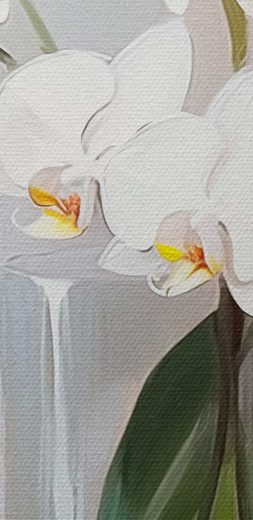 Maľba bielej orchidey v sklenenej váze