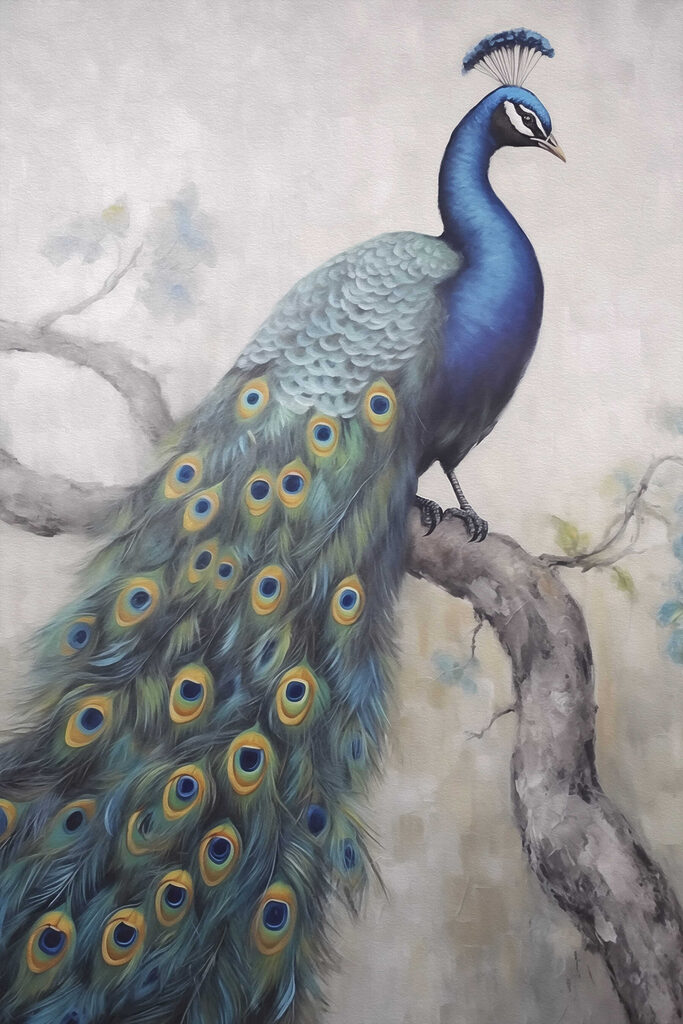 Painting of a peacock on a branch Painting of a peacock on a branch