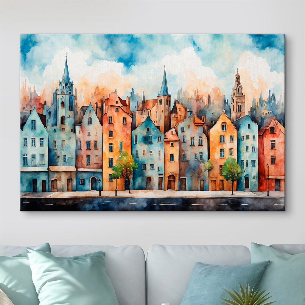 Watercolor of a row of buildings