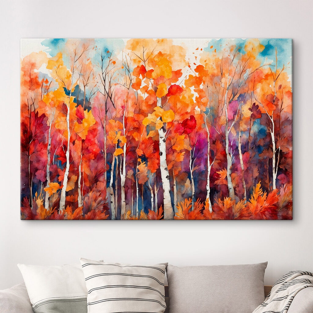 Watercolor painting of trees with orange and purple leaves Watercolor painting of trees with orange and purple leaves
