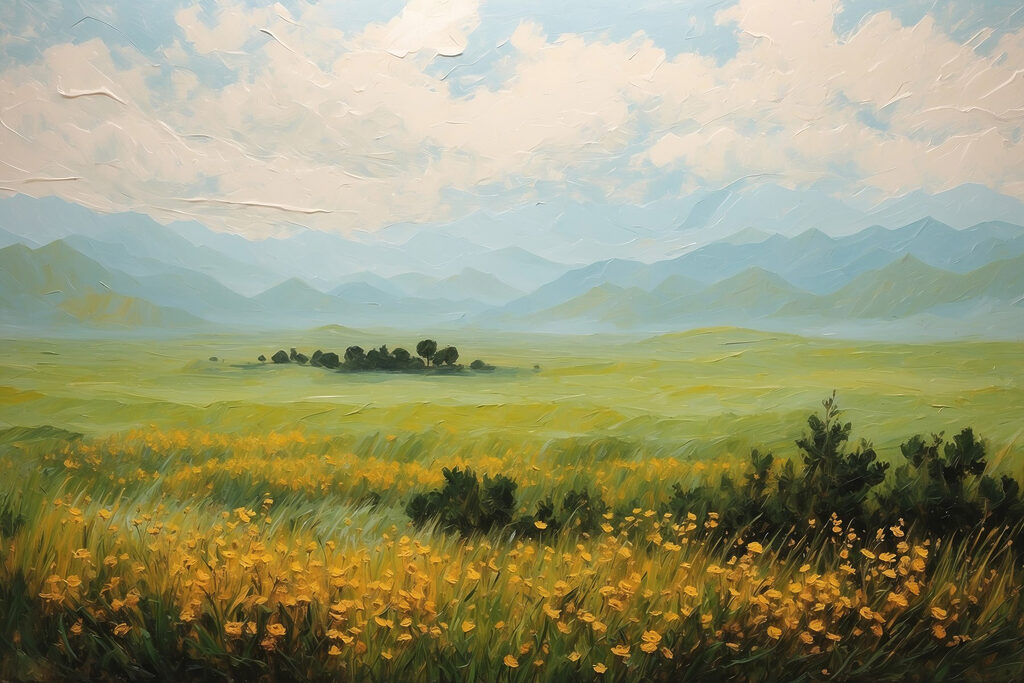 Field of flowers and mountains