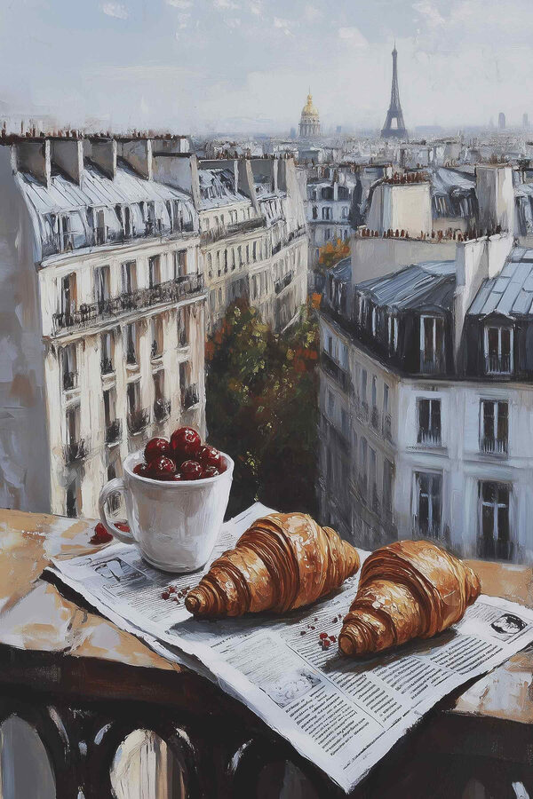 Šálka kávy a croissanty na stole s budovami v pozadí Šálka kávy a croissanty na stole s budovami v pozadí