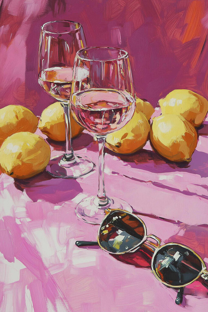 Painting of wine glasses and lemons