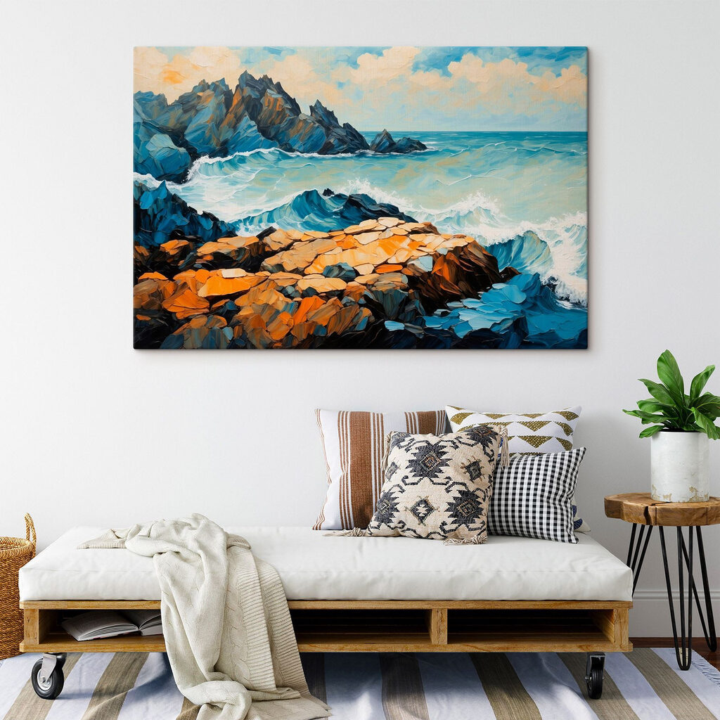 Painting of waves crashing on rocks