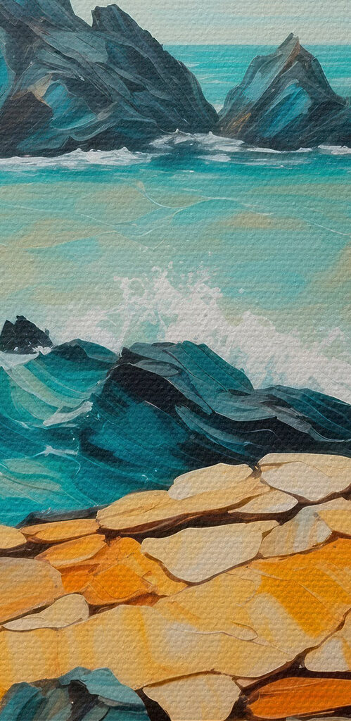 Painting of waves crashing on rocks