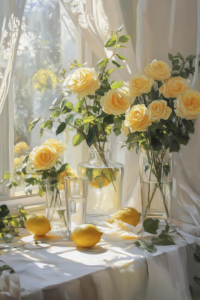 Yellow flowers in vases with lemons Yellow flowers in vases with lemons