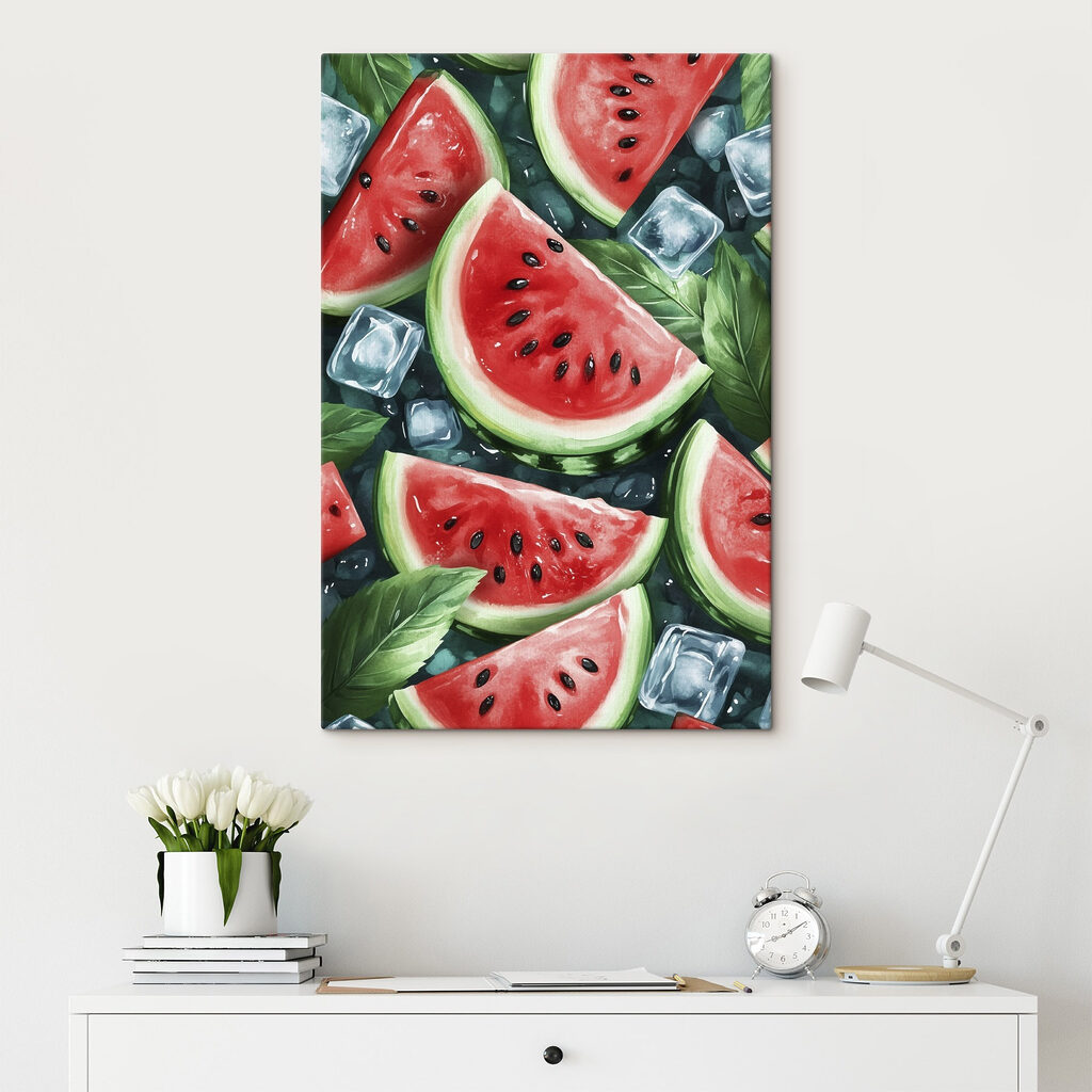 Watermelon slices and ice cubes on a surface