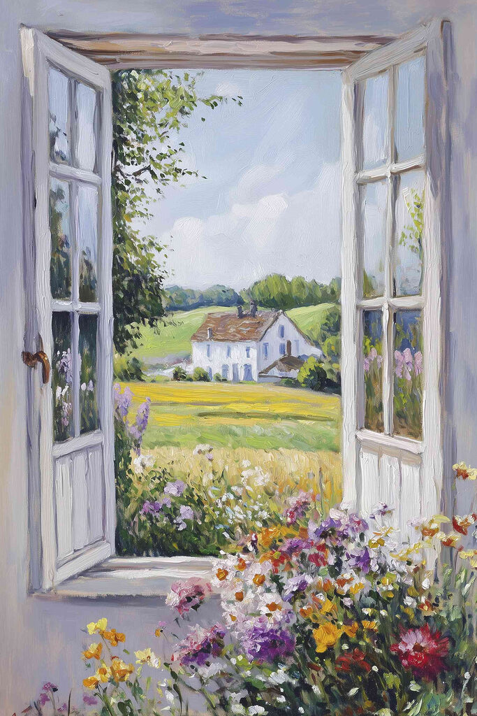 Painting of a house seen through a window