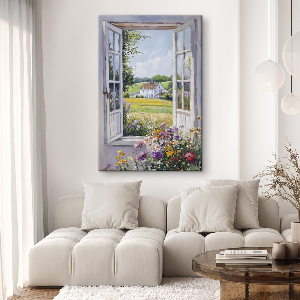 Painting of a house seen through a window