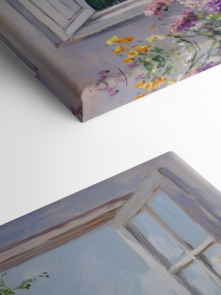 Painting of a house seen through a window