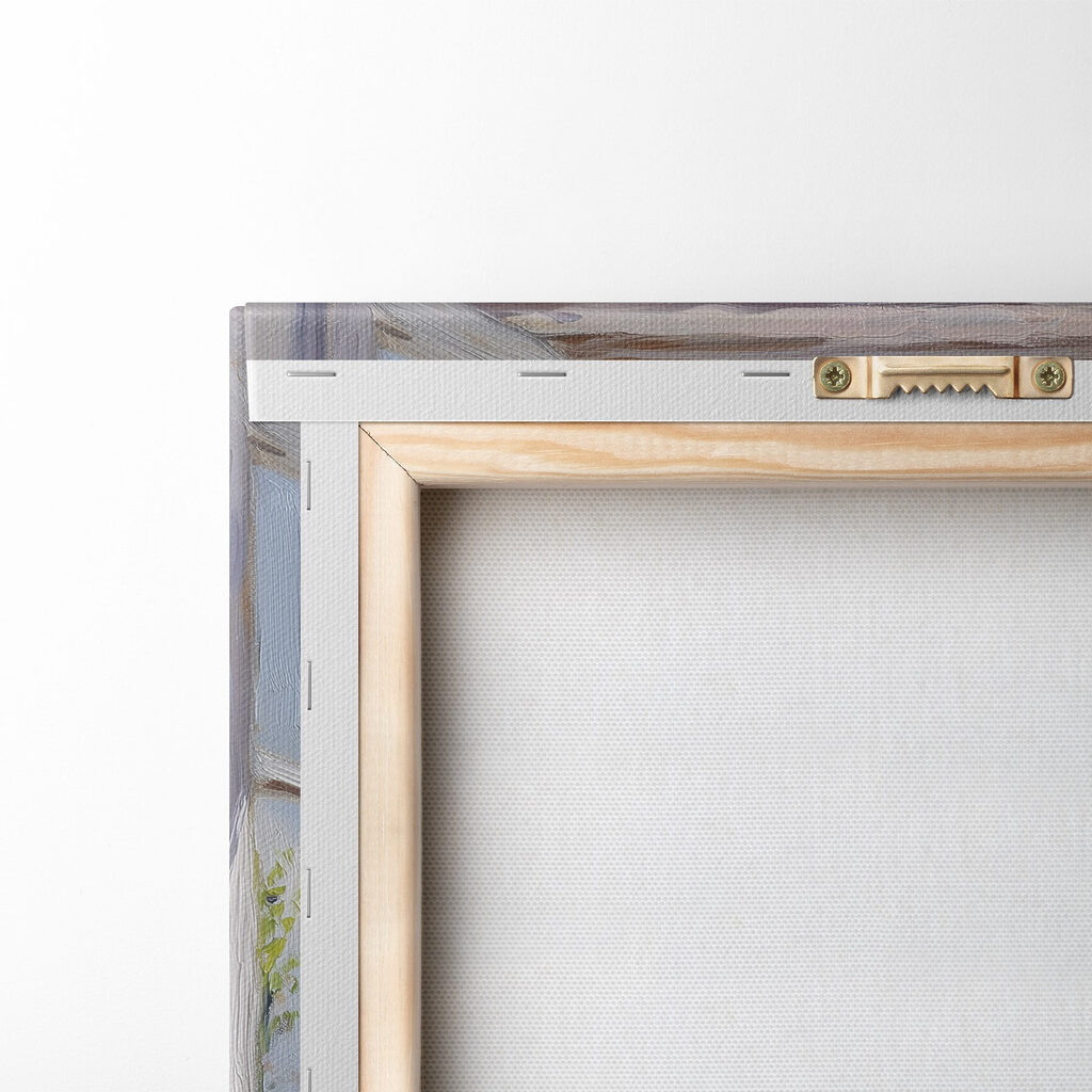 Painting of a house seen through a window