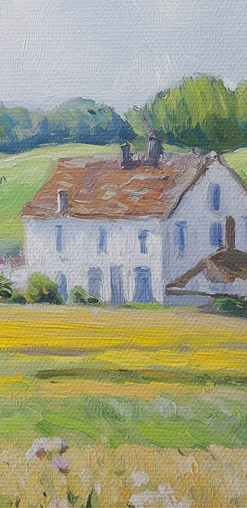 Painting of a house seen through a window