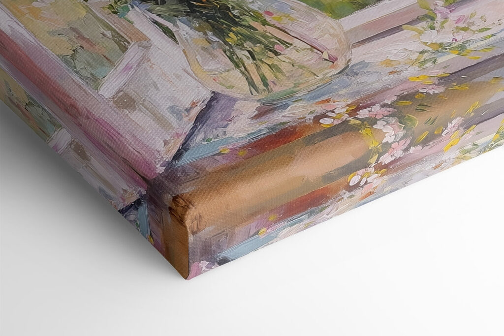 Painting of a window with flowers in it