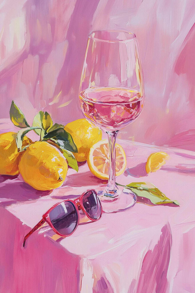 Glass of wine next to lemons and sunglasses Glass of wine next to lemons and sunglasses