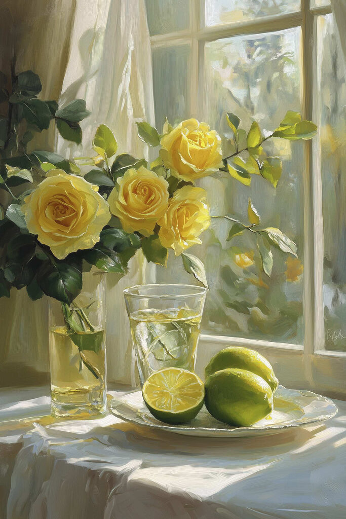 Yellow roses and lemons on a plate