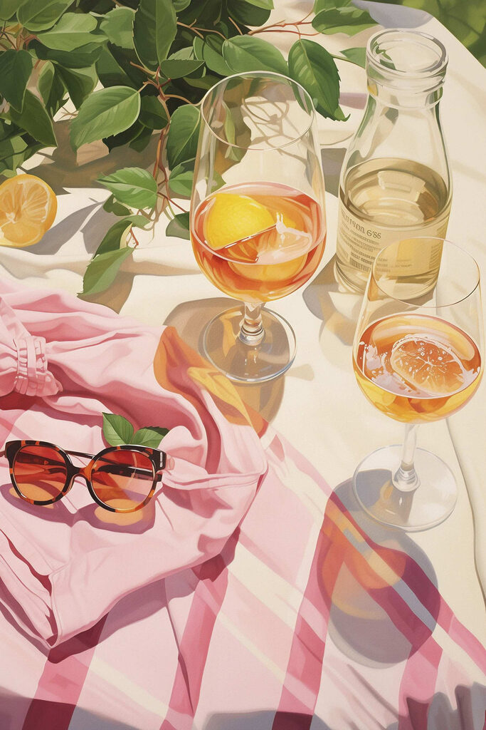 Group of glasses of wine and sunglasses on a blanket