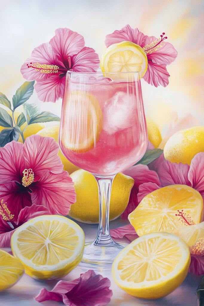 Glass of pink drink with lemons and flowers Glass of pink drink with lemons and flowers