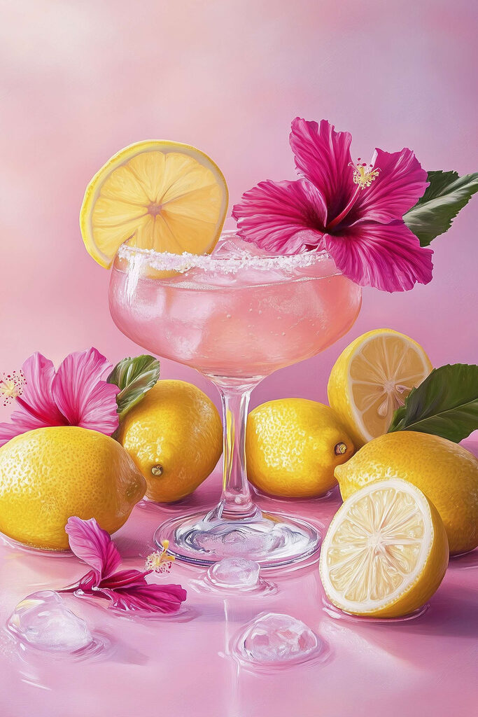 Glass with pink drink and lemons Glass with pink drink and lemons
