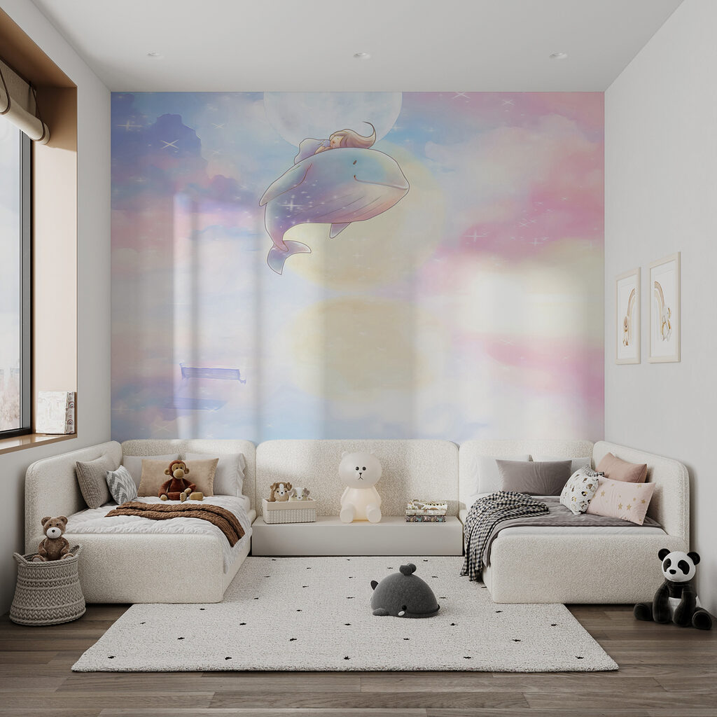 Cartoon of a girl riding a whale