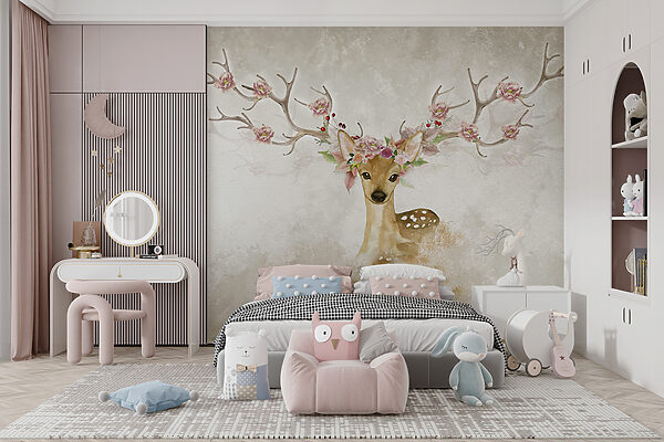 Watercolor of a deer with flowers on horns