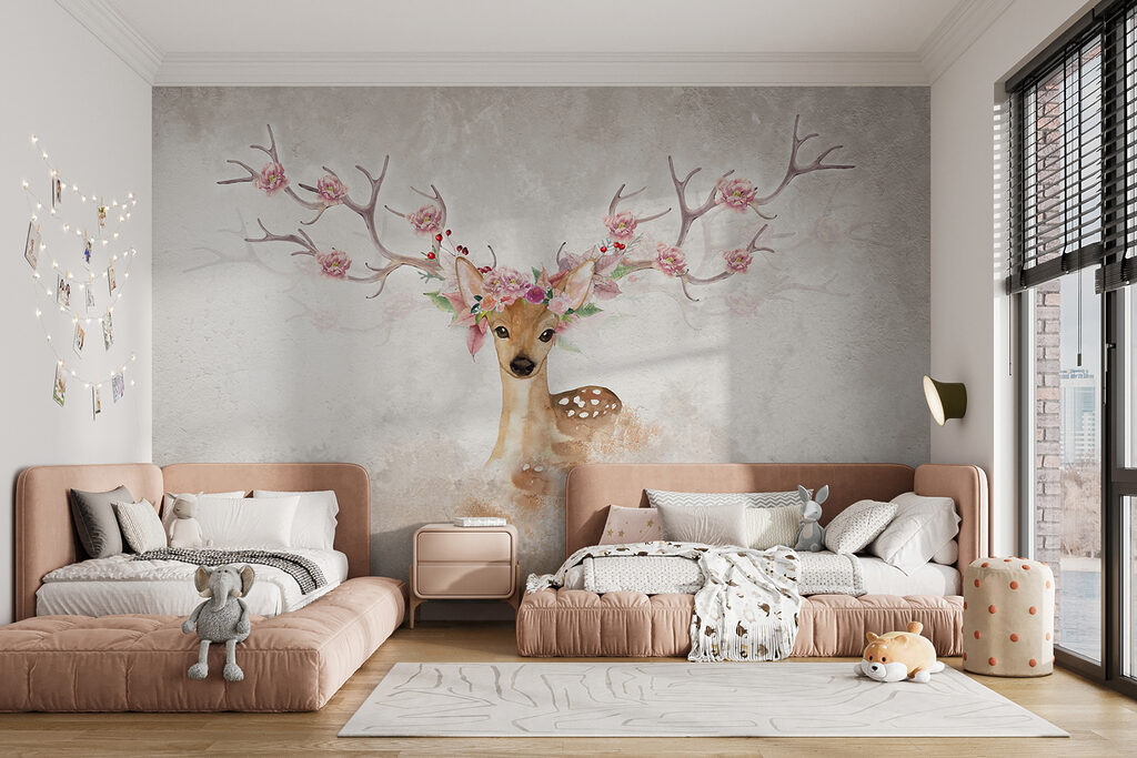 Watercolor of a deer with flowers on horns