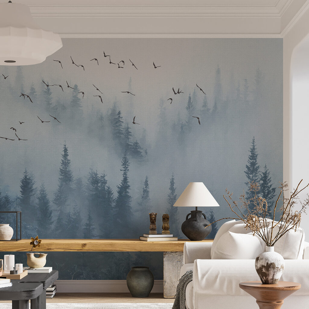 Birds flying over a forest