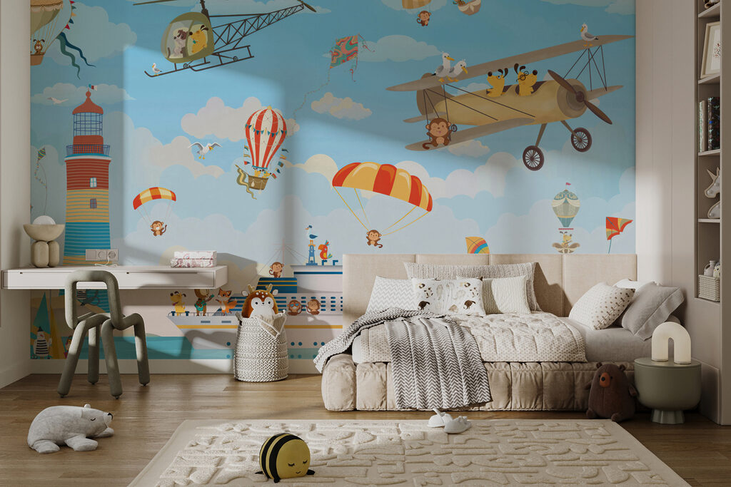 Cartoon animals flying over a boat Cartoon animals flying over a boat