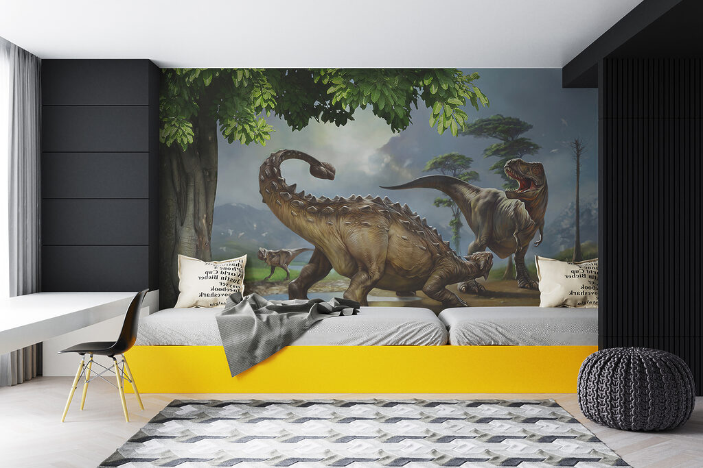 Painting of dinosaurs near a river