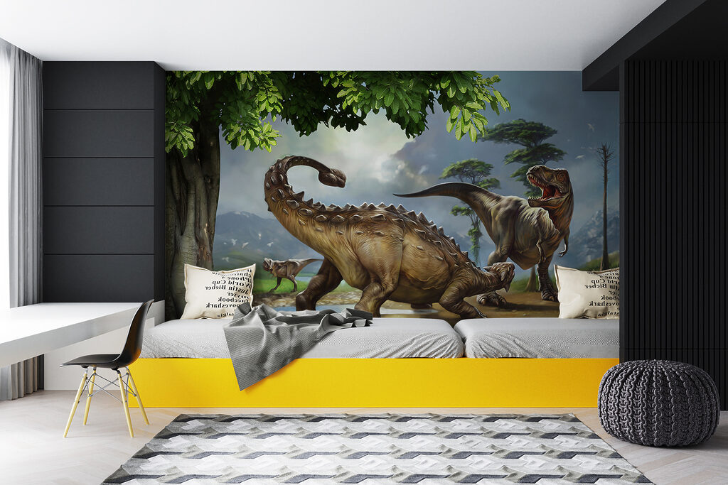 Painting of dinosaurs near a river