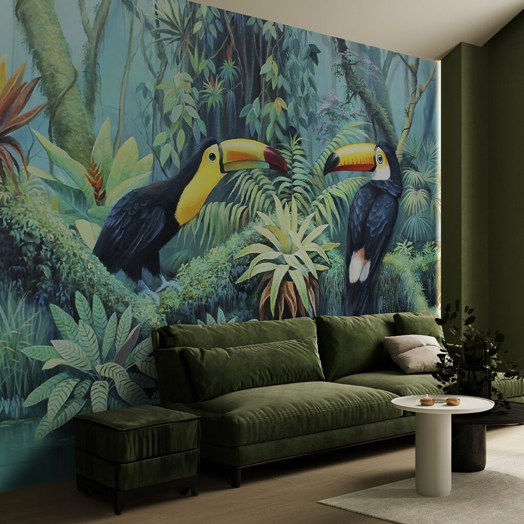 Painting of birds in a forest Painting of birds in a forest