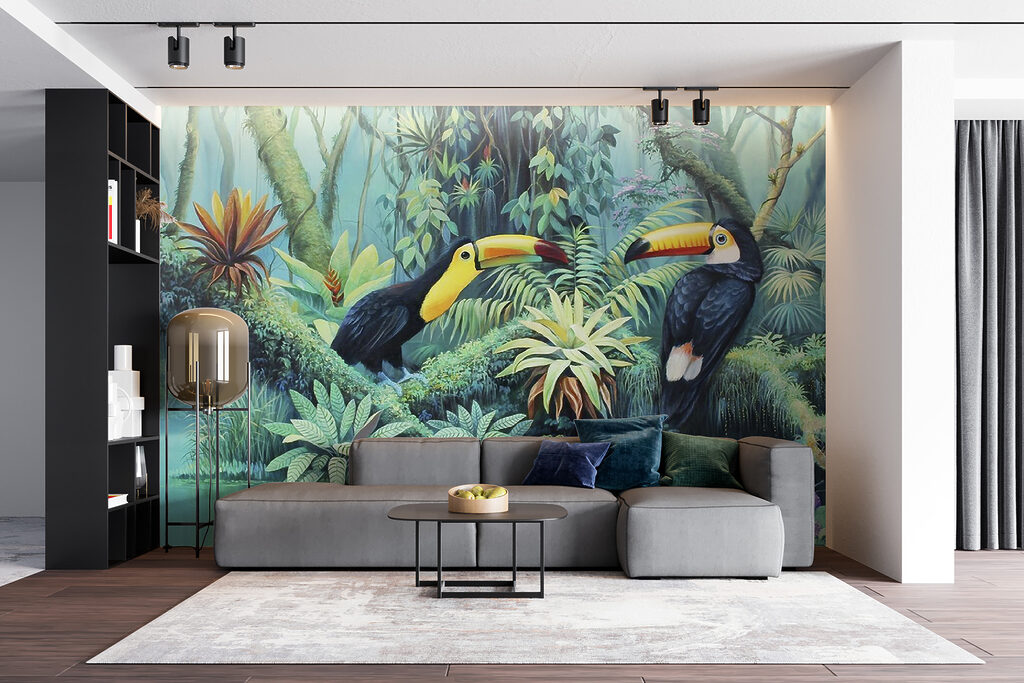 Painting of birds in a forest Painting of birds in a forest