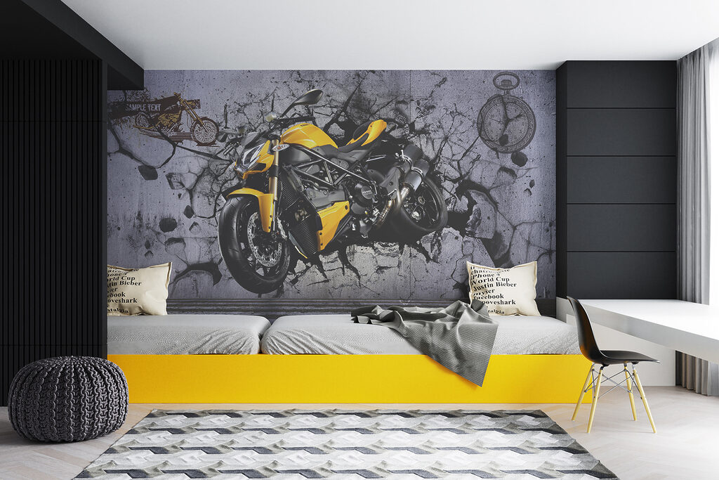 Yellow motorcycle on a wall