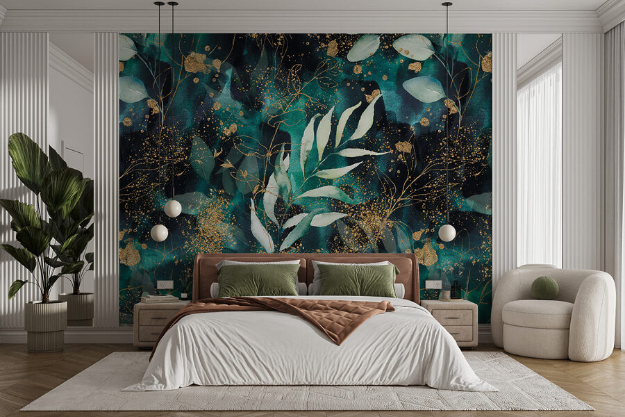 Elegantné teal lístie s trblietavými akcentmi.