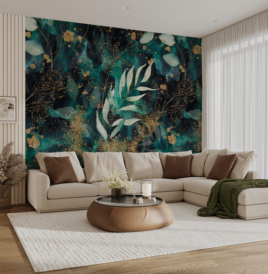 Elegantné teal lístie s trblietavými akcentmi.