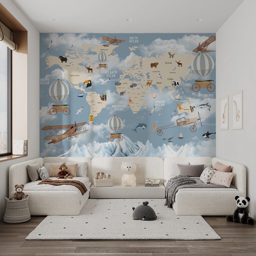 Map of the world with different animals and birds