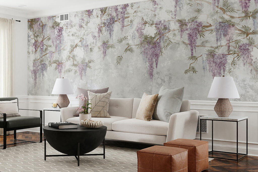 White wall with purple flowers White wall with purple flowers