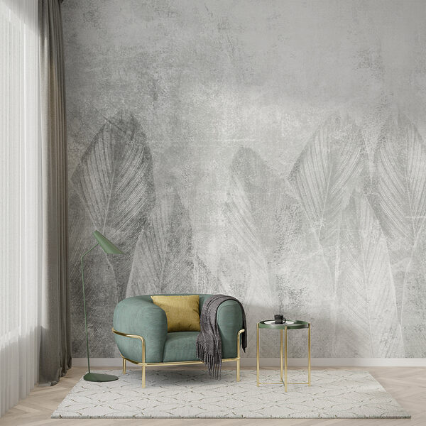 White and grey background with leaves