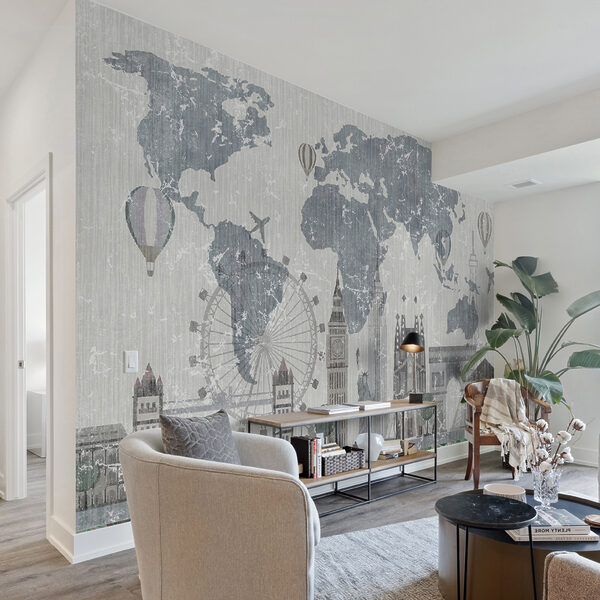 Map of the world with buildings and a ferris wheel Map of the world with buildings and a ferris wheel