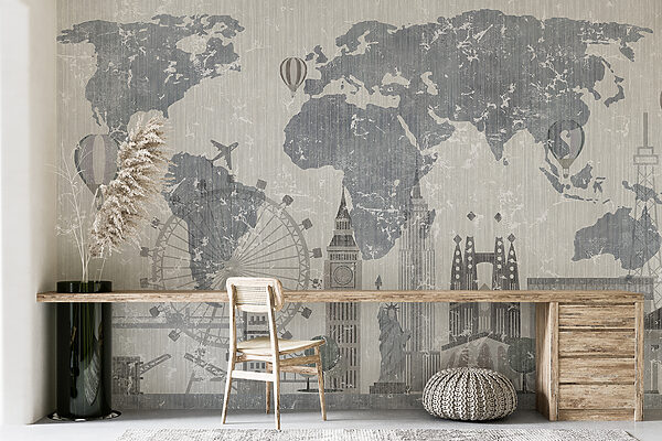 Map of the world with buildings and a ferris wheel Map of the world with buildings and a ferris wheel